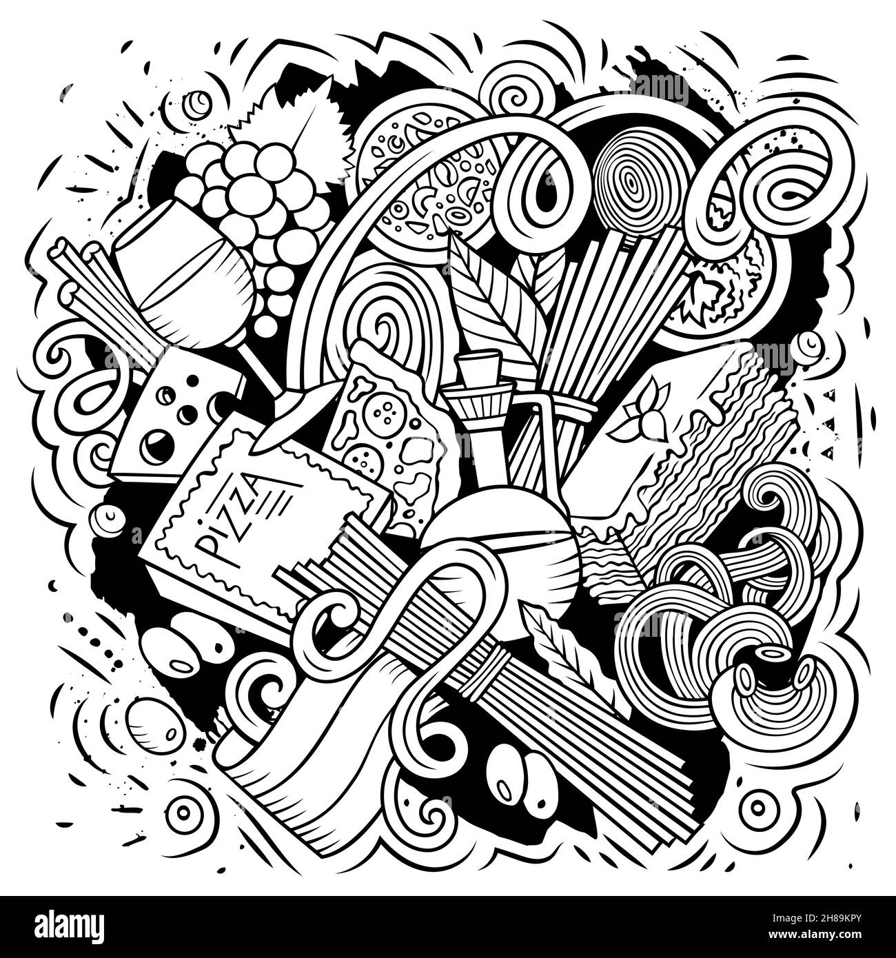 Cartoon vettore Doodles Italian Food illustrazione. Abbozzata, dettagliata, con molti oggetti di sfondo. Tutti gli oggetti si separano. Italia cucina divertente Pictur Illustrazione Vettoriale