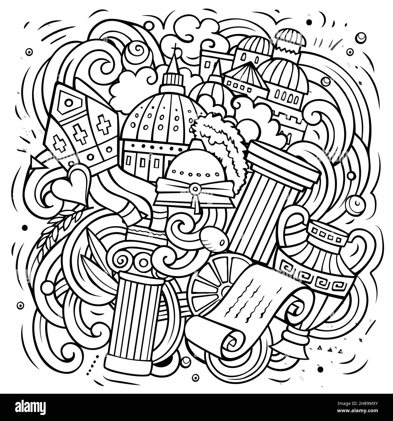 Cartoon vettore fumetto illustrazione. Composizione dettagliata di schizzo con molti oggetti e simboli italiani Illustrazione Vettoriale