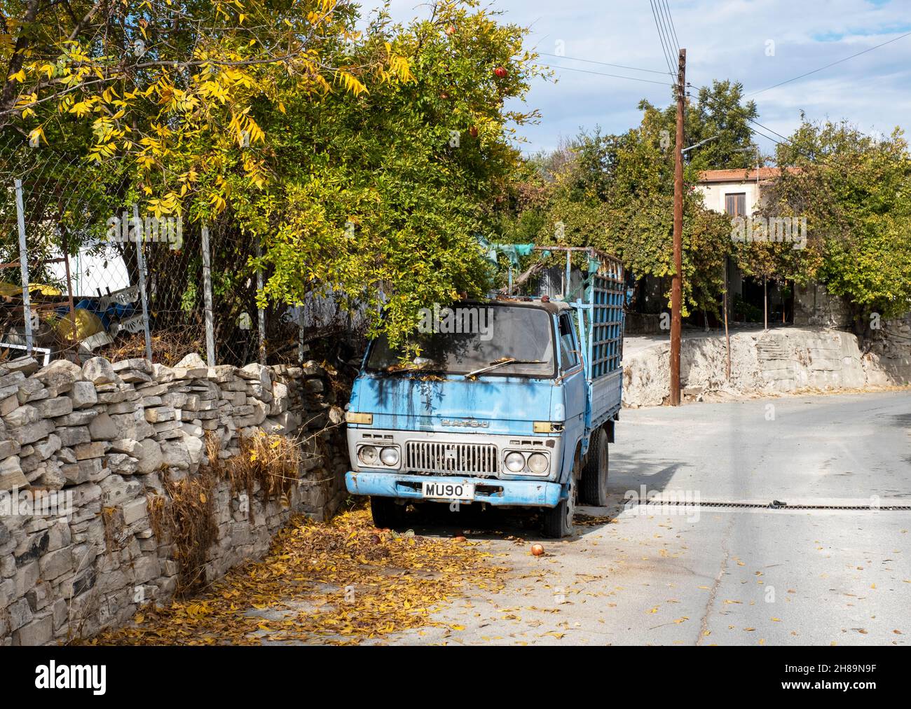 Autocarro agricolo blu parcheggiato nel villaggio di Lytembou, Cipro Foto Stock
