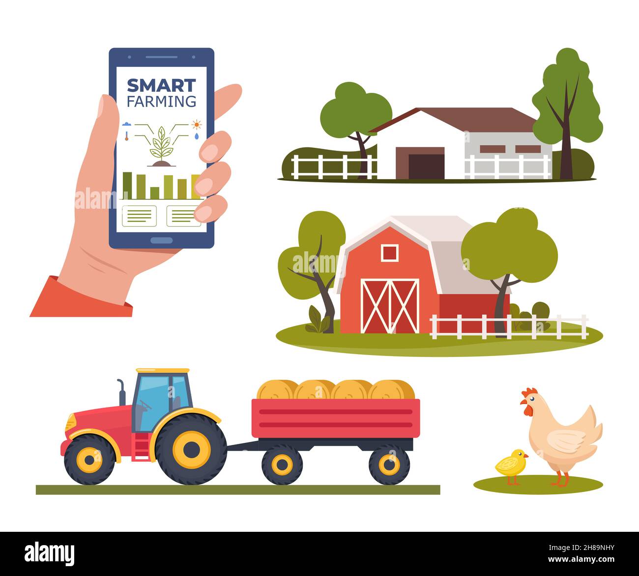 Agricoltura intelligente, tecnologie futuristiche nell'industria agricola. Smartphone con app per piante di controllo in crescita. Set di scene ed elementi sul tema della fattoria. VEC Illustrazione Vettoriale