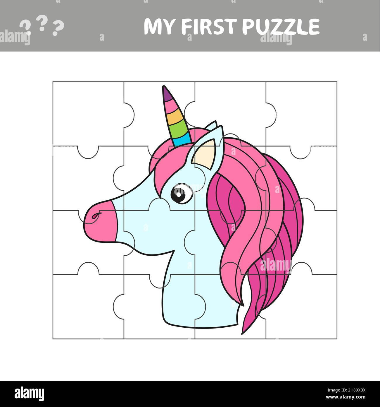 Gioco di puzzle per bambini. Pratica di taglio. Foglio di lavoro per lo sviluppo dell'istruzione con Unicorn. Pagina attività. Personaggio cartoon. Illustrazione Vettoriale