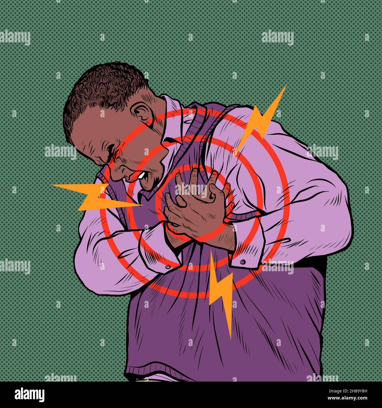 dolore cardiaco dell'uomo anziano africano, infarto miocardico crisi ipertensiva aritmia e altre malattie di cardiologia Illustrazione Vettoriale