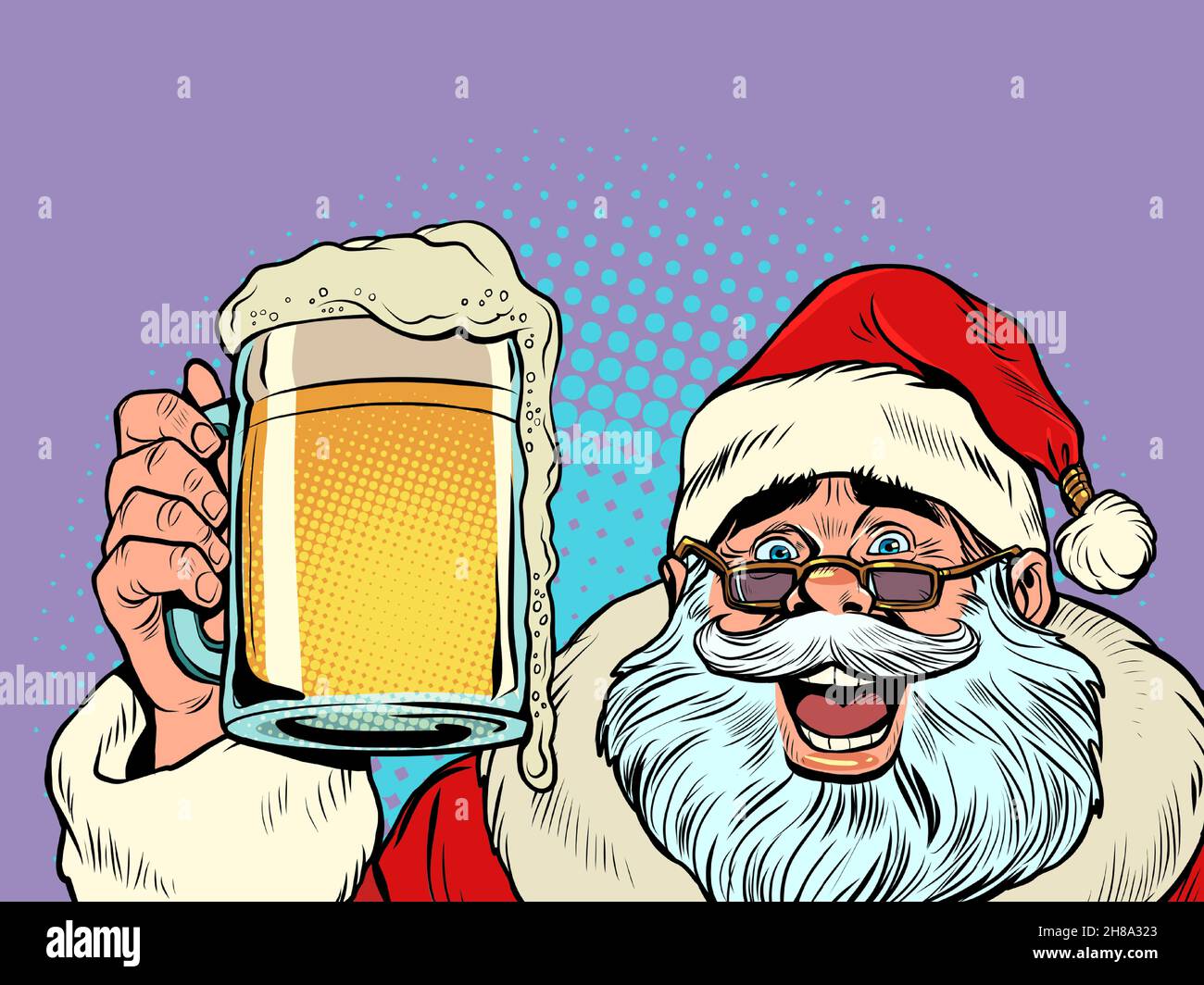 Babbo Natale con una tazza di birra. Pub o bar, una festa divertente. Natale e Capodanno, inverno stagionale vacanza nel mese di dicembre Illustrazione Vettoriale