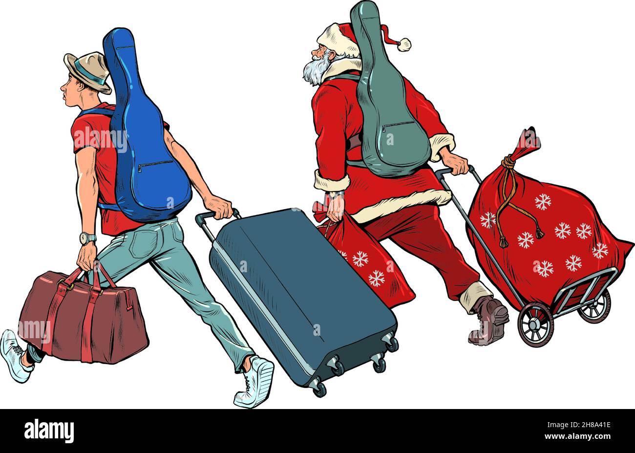 Babbo Natale e il chitarrista musicista vanno in tour. Natale e Capodanno, inverno stagionale vacanza nel mese di dicembre Illustrazione Vettoriale