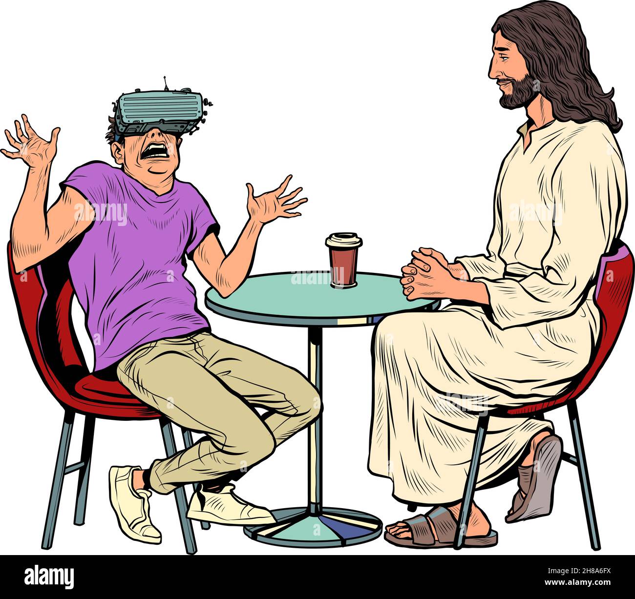 Un giovane uomo in occhiali di realtà virtuale e Gesù accanto a lui. Religione e vita virtuale Illustrazione Vettoriale