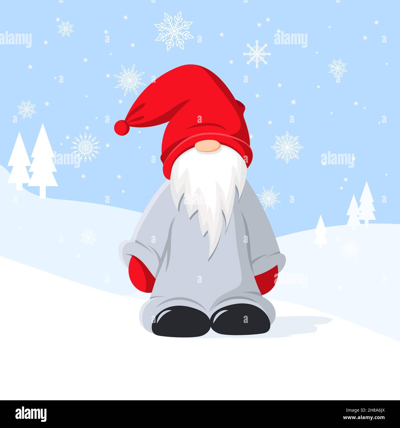 Biglietto di auguri di Natale con un simpatico gnome sullo sfondo invernale con fiocchi di neve. Vettore Illustrazione Vettoriale