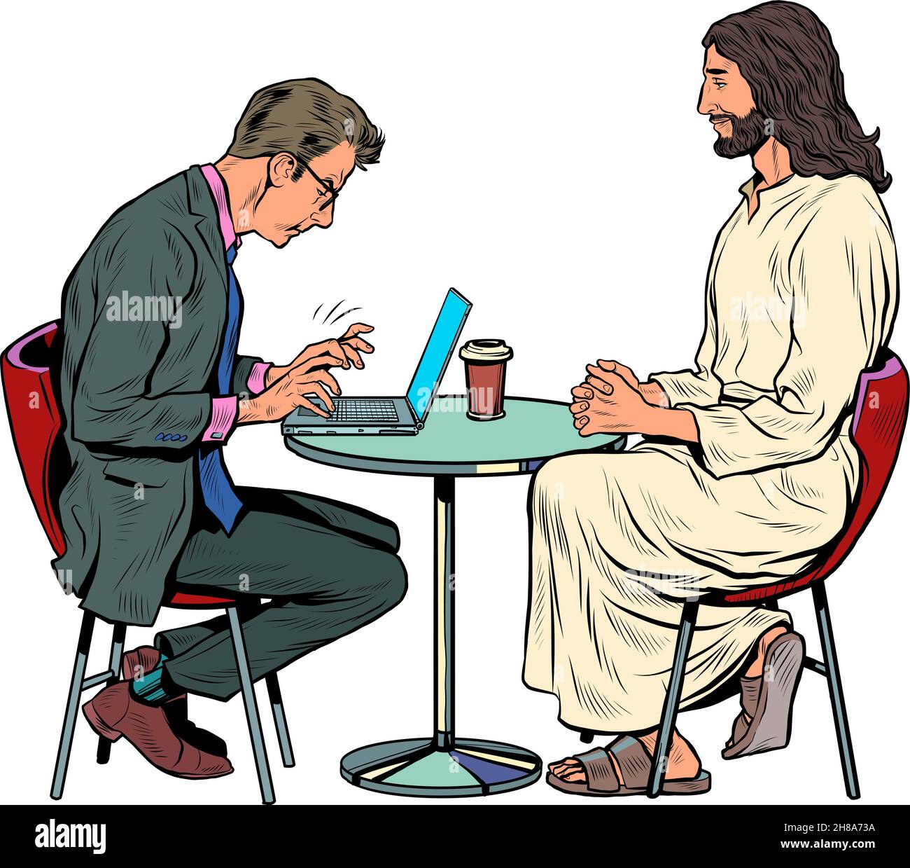 Gesù vi aspetta, salvatore e uomo occupato al tavolo. Cristianesimo e religione, predicazione e fede Illustrazione Vettoriale