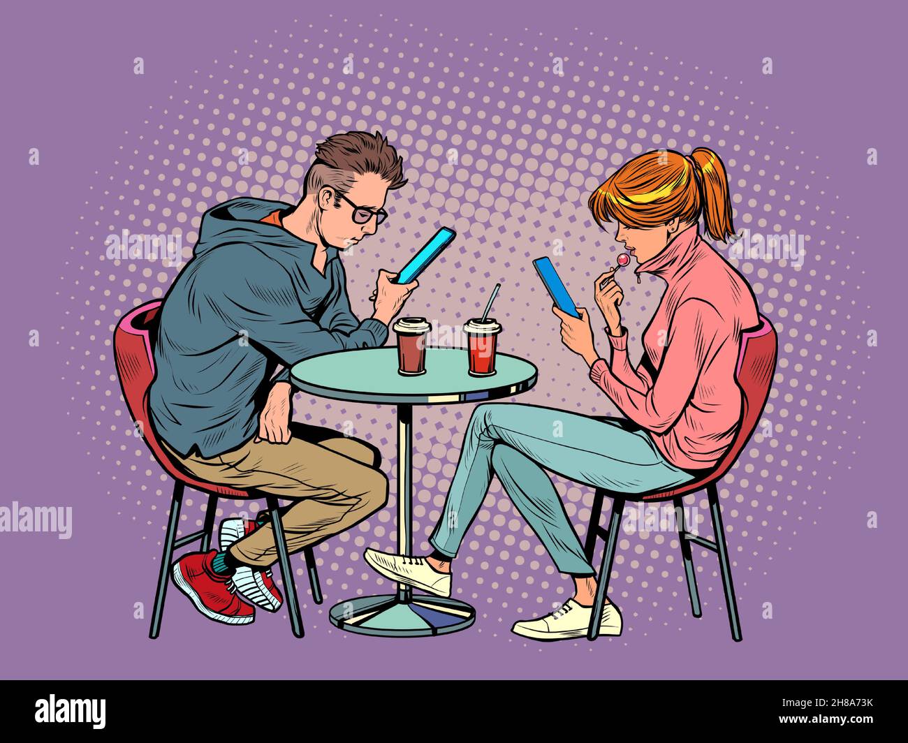 una coppia in una data in un ristorante stanno guardando gli smartphone e non parlando, solitudine e nuove tecnologie Illustrazione Vettoriale