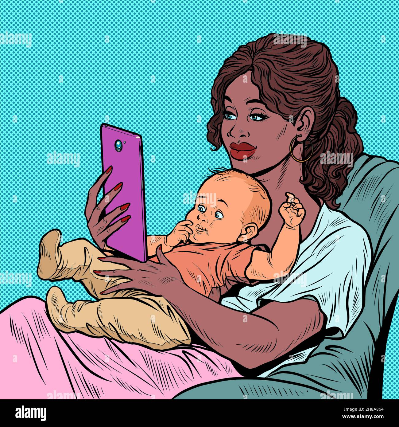 madre africana e bambino caucasico, lavoro e maternità. Amore e cura Illustrazione Vettoriale