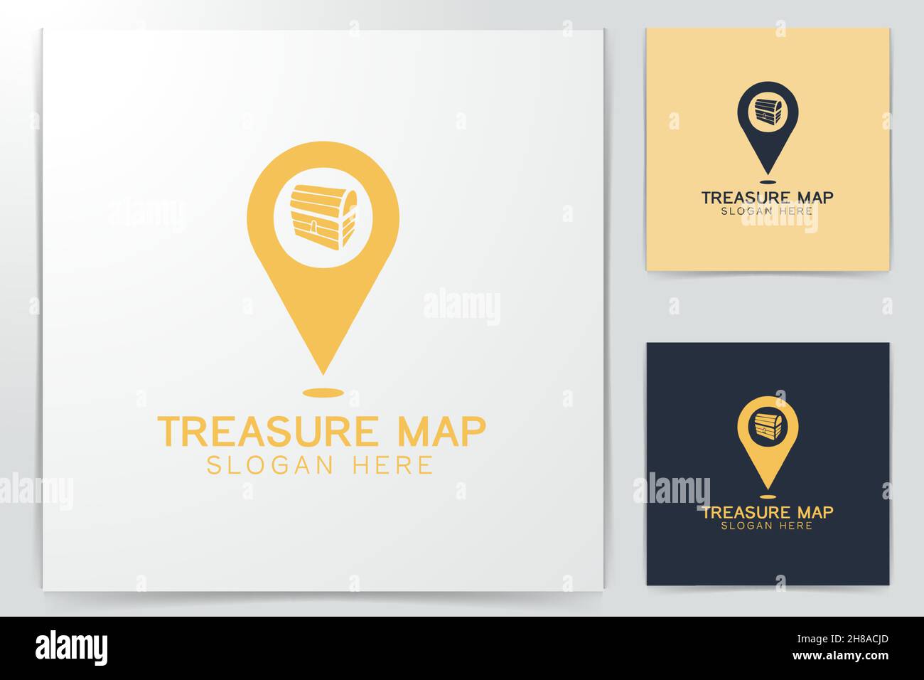 Scrigno e punto mappa logo design ispirazione Illustrazione Vettoriale