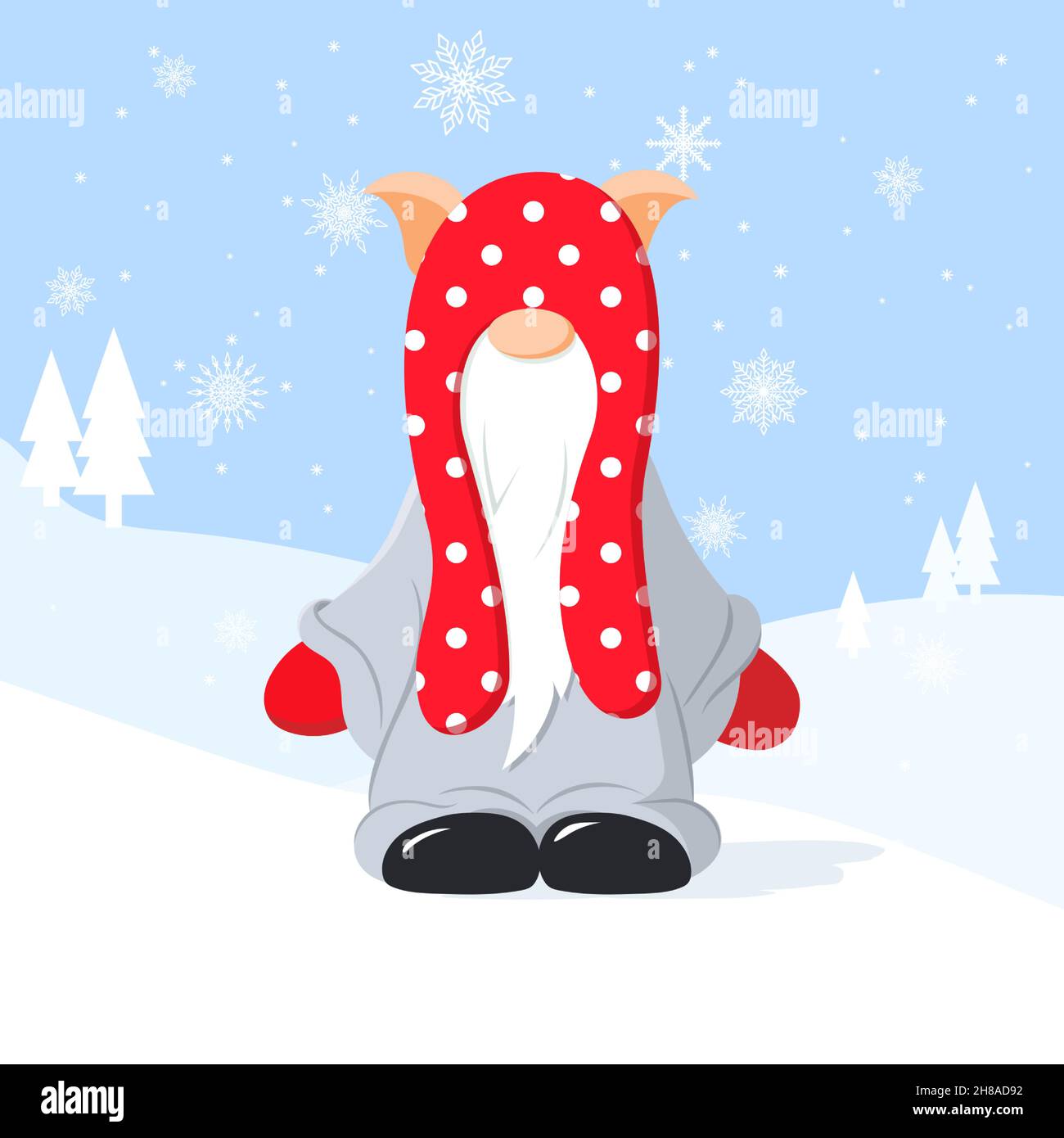 Biglietto di auguri di Natale con un simpatico gnome sullo sfondo invernale con fiocchi di neve. Vettore Illustrazione Vettoriale