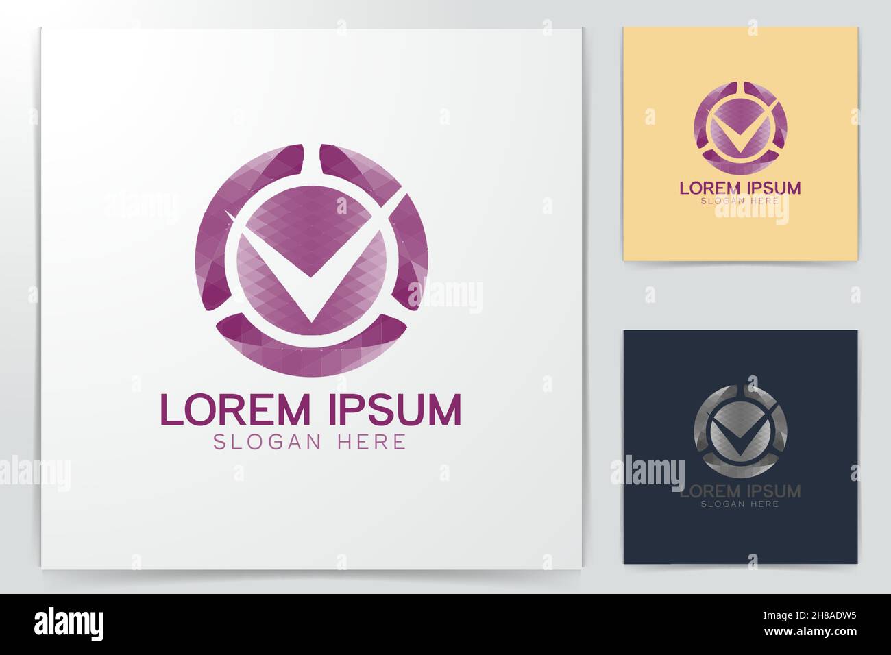 Round e segno di spunta disegni logo ispirazione isolata su sfondo bianco Illustrazione Vettoriale