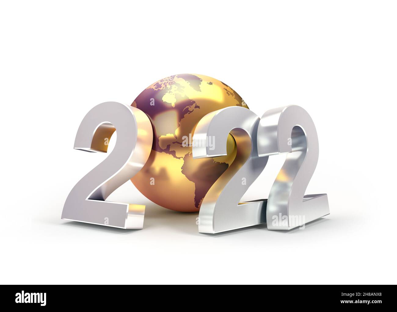 2022 numero data di Capodanno composto da un pianeta terra d'oro, isolato su bianco - illustrazione 3D Foto Stock