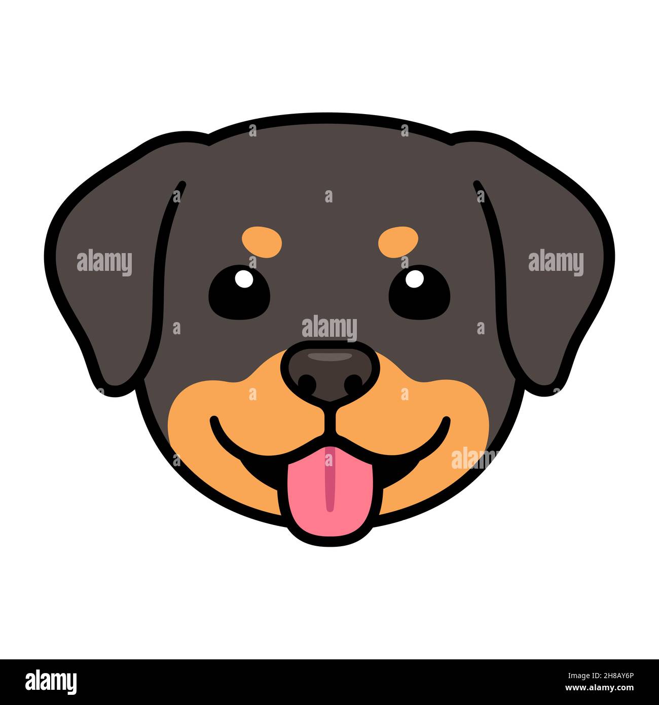 Divertente cartoon Rottweiler disegno testa di cane. Carino ritratto di cucciolo, illustrazione grafica di clip vettoriale. Illustrazione Vettoriale