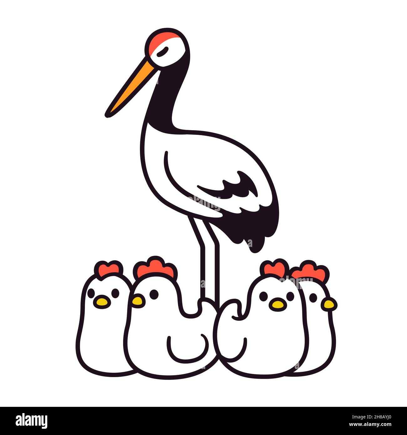 鹤立鸡群 espressione cinese: Una gru in piedi tra polli. Semplice disegno cartoon, illustrazione vettoriale. Illustrazione Vettoriale