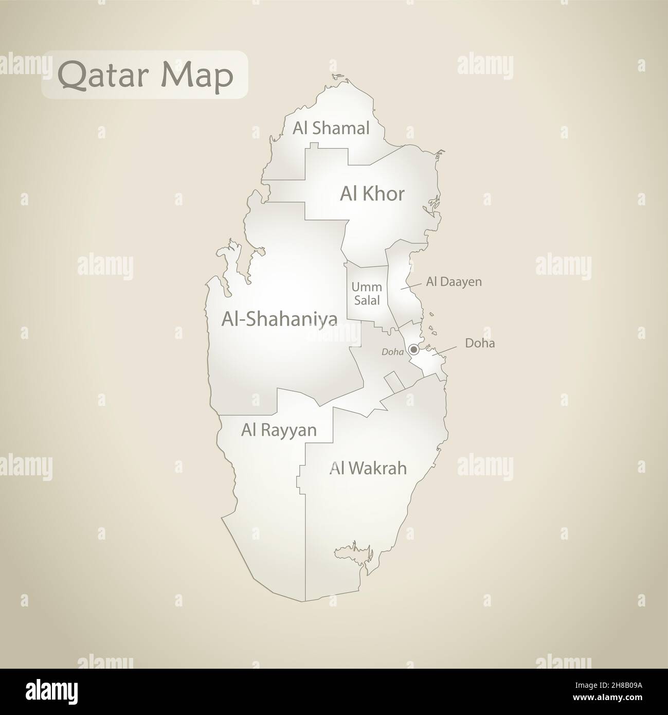 Mappa del Qatar, divisione amministrativa con nomi, vettore di sfondo cartaceo Illustrazione Vettoriale