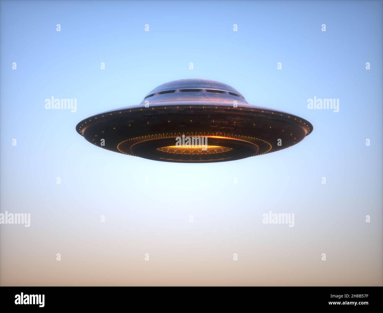 Illustrazione 3D di un oggetto volante UFO non identificato. Con tracciato di ritaglio incluso. Foto Stock