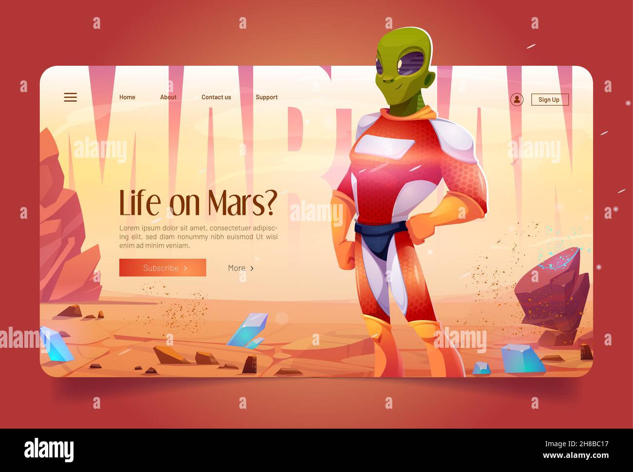 Vita su Marte cartoon landing page. Martian Alien indossa un costume da supereroe sul paesaggio rosso del pianeta. Galassia extraterrestre comer con pelle verde. Fantastico personaggio spaziale, banner web vettoriale Illustrazione Vettoriale