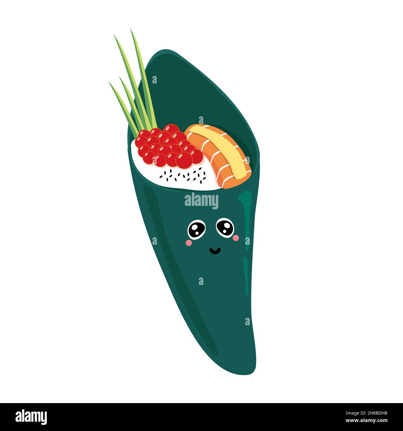 Sushi carino isolato con viso sorridente, sushi con alghe, caviale, salmone, formaggio, riso, semi di sesamo e tagliati a fette di verdure, forma di barbatella c Foto Stock