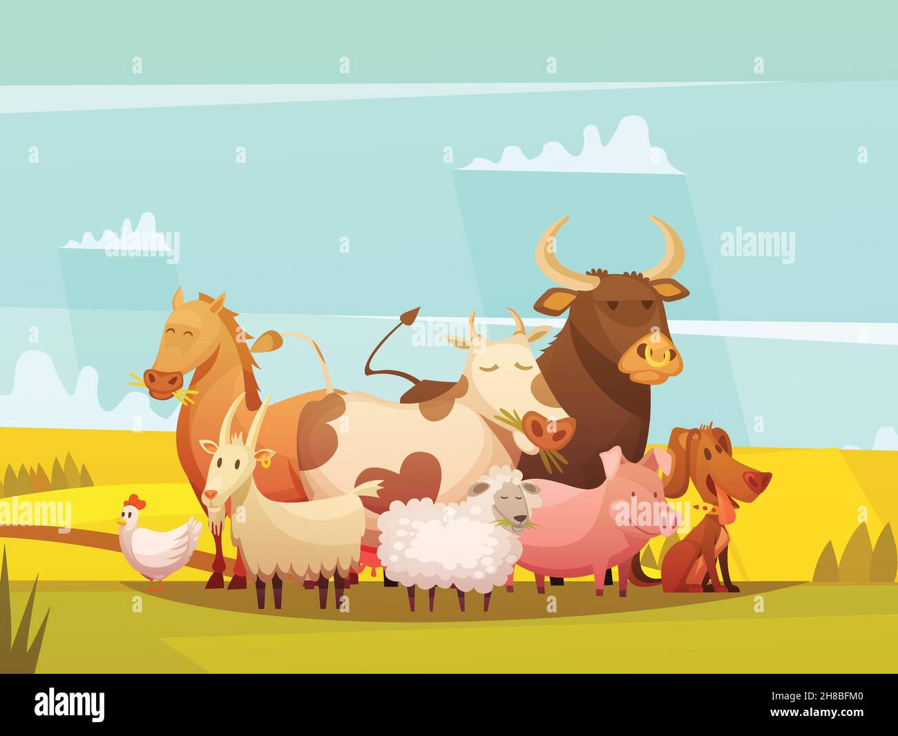 Animali da fattoria in giornata di sole in campagna simpatico cartoon poster con capra di maiale di vacca e illustrazione del vettore di pecora Illustrazione Vettoriale