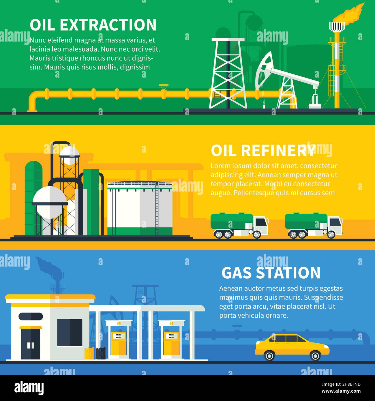 Tre striscioni colorati orizzontali per l'industria del petrolio e del gas con illustrazione vettoriale delle composizioni della stazione di trasferimento del combustibile dell'impianto di alimentazione piano Illustrazione Vettoriale
