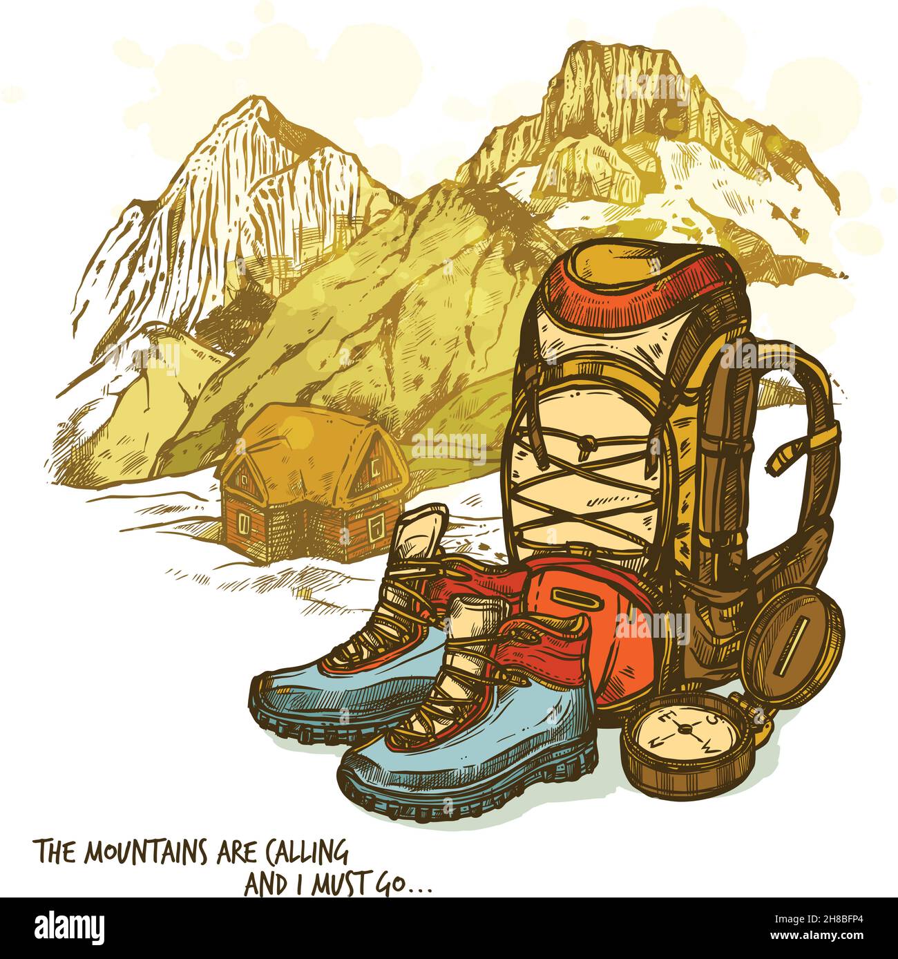Poster trendy disegnato a mano con bussola e zaino stivali su montagne paesaggio sfondo illustrazione vettoriale Illustrazione Vettoriale
