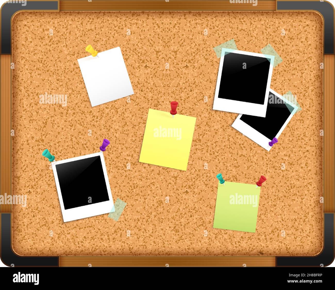 Bacheca di segnalazione in sughero con foto di note di messaggio e spintini isolato su sfondo bianco illustrazione vettoriale Illustrazione Vettoriale