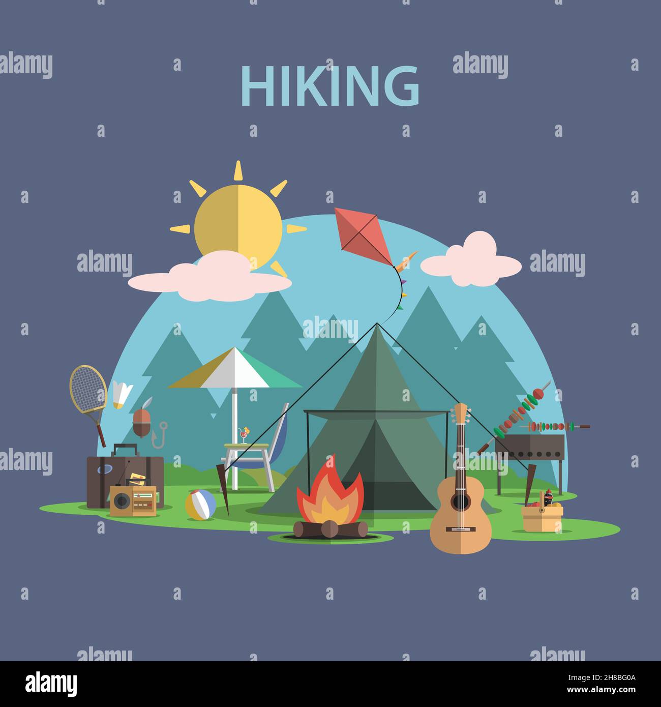 Concetto di escursioni e attività ricreative all'aperto con icone di viaggio in campeggio piano illustrazione vettoriale Illustrazione Vettoriale