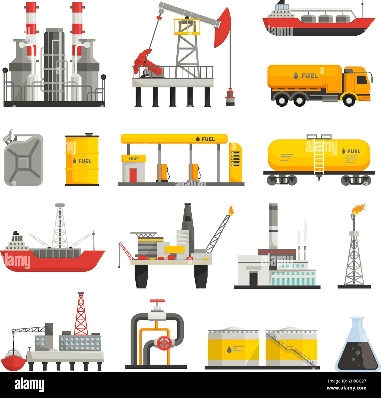 Diversi trasporti costruzioni e fabbriche di petrolio industria benzina icone piatte set isolato vettore illustrazioni Illustrazione Vettoriale