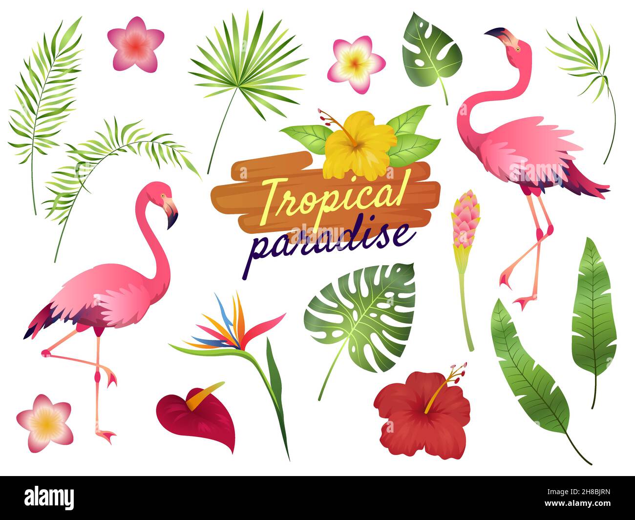 Fenicotteri tropicali. Rosa flamingo giungla fiori foglie di palma, natura, spiaggia estiva, cute piante esotiche flora cartone animato Illustrazione Vettoriale