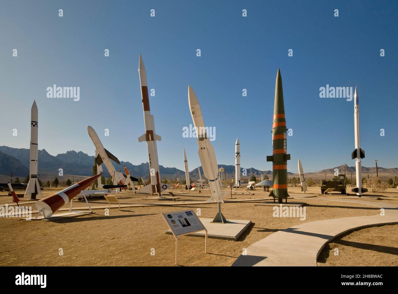 Mostre al Missile Park presso il White Sands Range Museum vicino a Las Cruces, New Mexico, USA Foto Stock