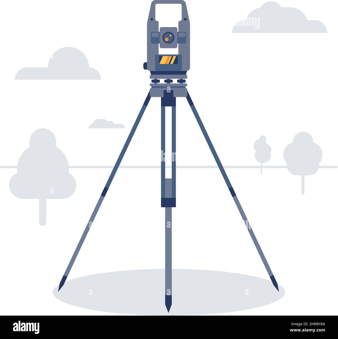 Strumento geodetico in un campo con alberi. Attrezzatura catastale. Teodolite. Illustrazione vettoriale. Illustrazione Vettoriale