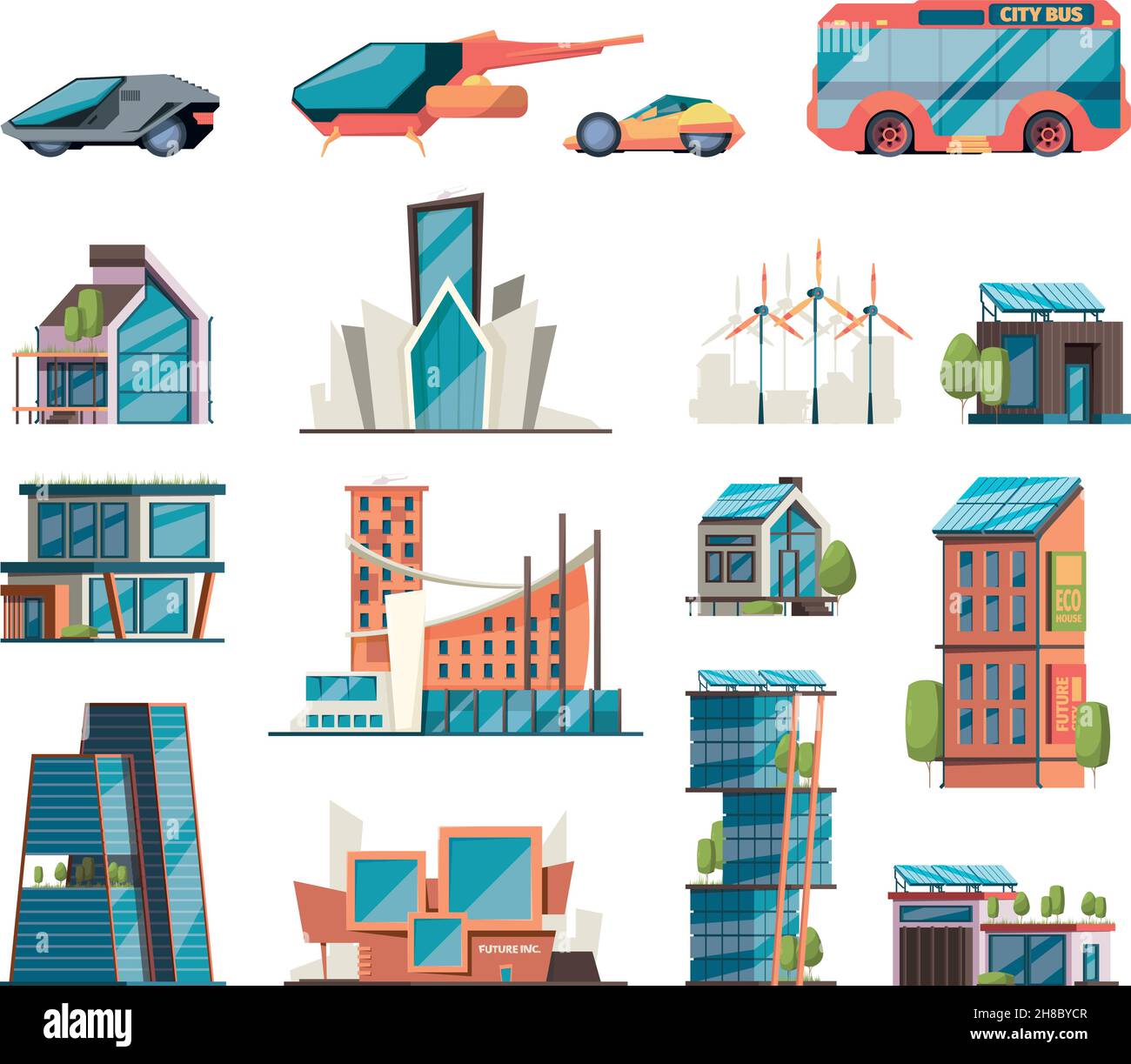 Auto futuristiche. Cyber città edifici e veicoli futuri oggetti architettonici moderni grattacieli e automobili intelligenti garish vettoriale flat pictures Illustrazione Vettoriale