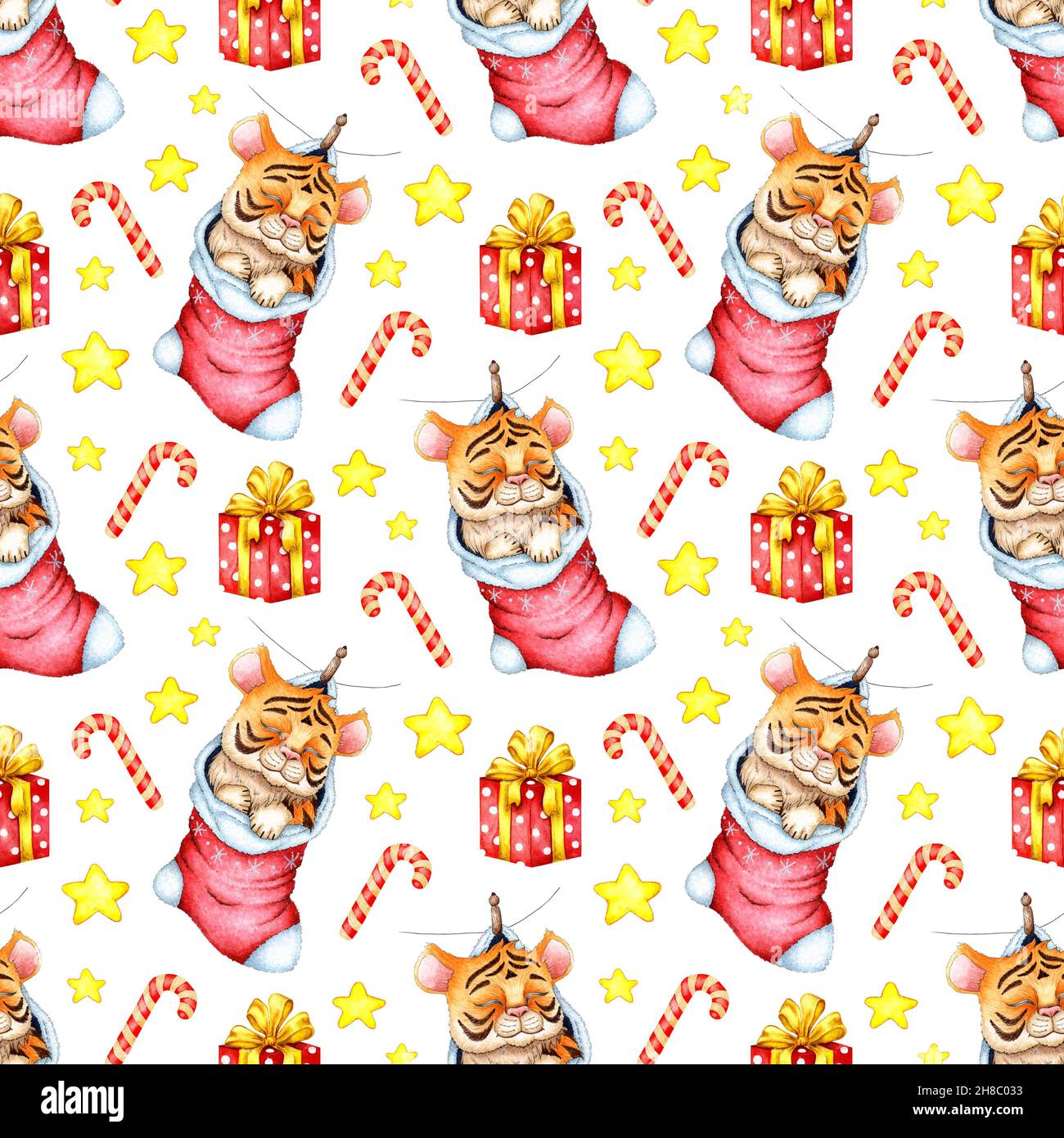 Disegno acquerello con tigre cartoon, regalo, stelle e lecca. Il simbolo del Capodanno cinese, Natale. Illustrazione dei bambini invernali Foto Stock