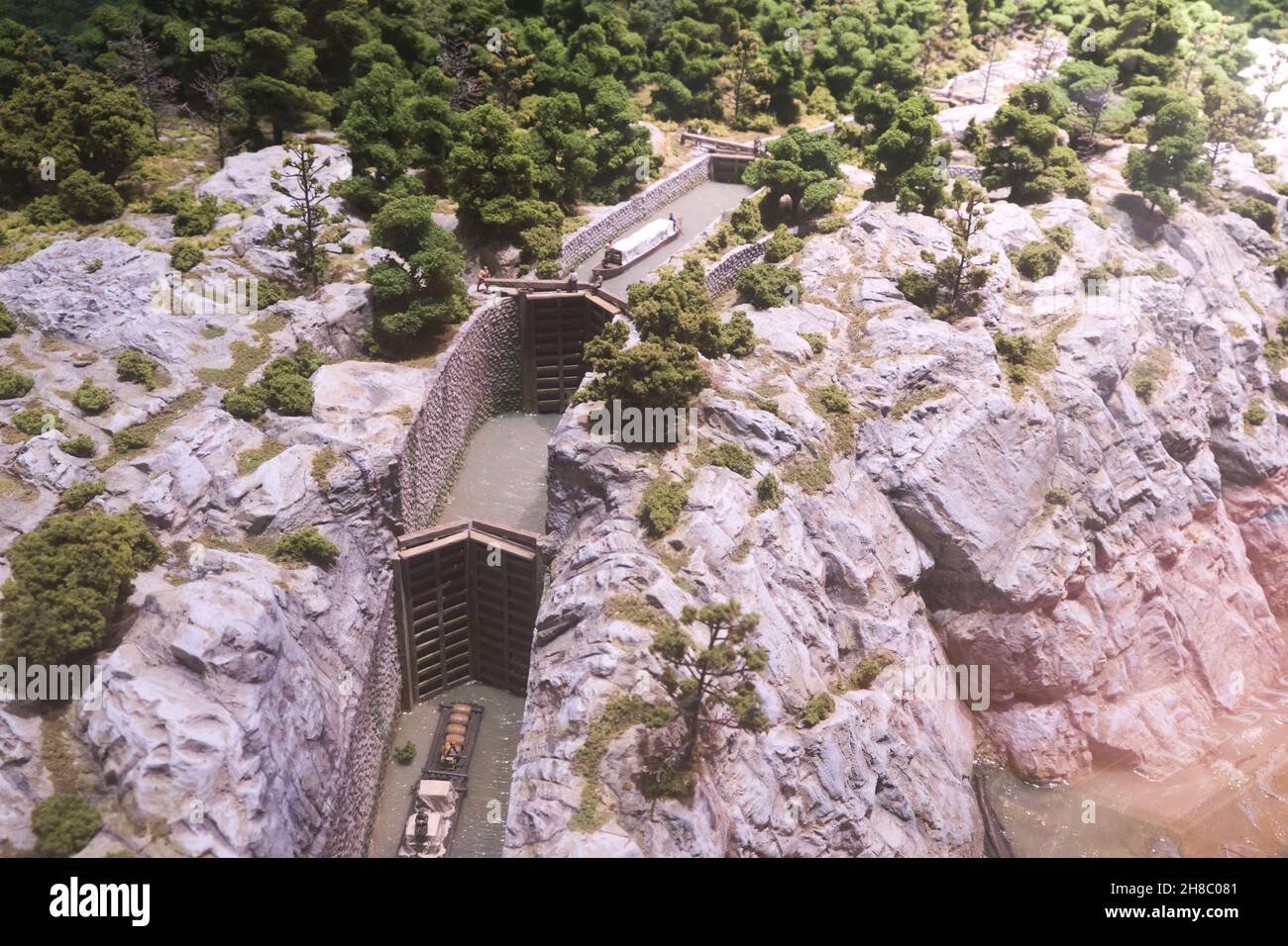 Un diorama raffigurante il canale di Patowmack, un progetto di ingegneria per la movimentazione delle merci. Presso la residenza del presidente George Washington, Mount Vernon, in Virginia Foto Stock