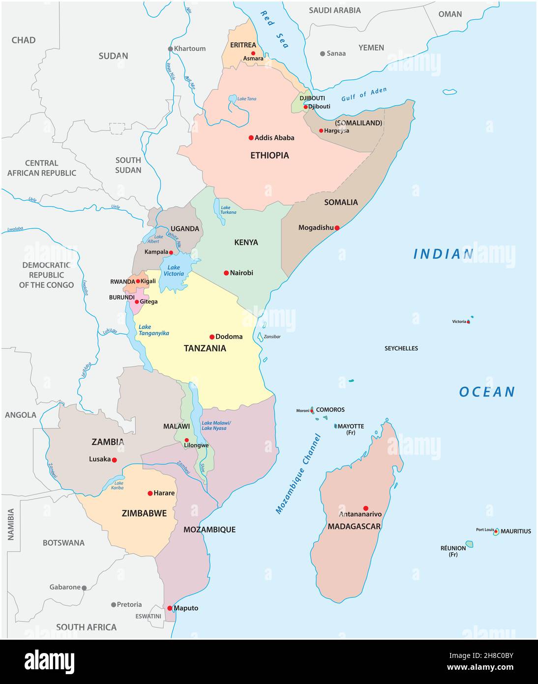 mappa vettoriale politica della regione dell'africa orientale Illustrazione Vettoriale