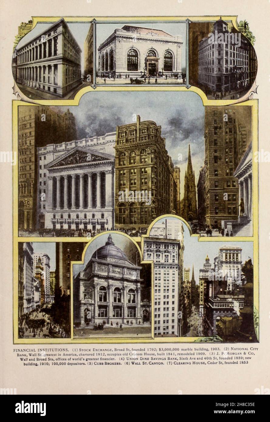 NYC ISTITUZIONI FINANZIARIE. (1) Borsa, Broad St, fondata nel 1792; edificio in marmo da 3,000,000 dollari, 1903. (2) National City Bank, Wall St, più grande d'America, noleggiato nel 1812, occupa la vecchia Custom House, costruita nel 1841, rimodellata nel 1909. (3) J. P. Morgan & Co, Wall and Broad Sts, uffici del più grande finanziatore del mondo. (4) Union dime Savings Bank, Sixth Ave e 40th St, fondata nel 1859; nuovo edificio, 1910; 100,000 depositanti. (5) Brokers marciapiede. (6) Wall St. Canyon. (7) Clearing House, Cedar St, fondata nel 1853, dal libro " King's colour-graps of New York City " pubblicato a New York da M. King, inc. In Foto Stock