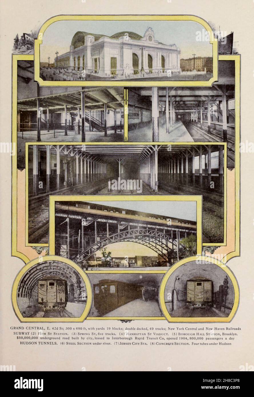 GRAND CENTRAL, E. 42d St; 300 x 680 piedi, con 19 metri; a due piani, 49 binari; metropolitana New York Central e New Haven Railroads (2) 18th St. (3) Spring St, cinque piste. (4) Manhattan St Viadotto. (5) Borough Hall Station, Brooklyn. La strada sotterranea da $50,000,000 costruita dalla città, affittata a Interborough Rapid Transit Co, ha aperto 1904,800,000 passeggeri al giorno HUDSON TUNNEL. (6) Sezione di acciaio sotto il fiume. (7) Jersey City sta. (8) Sezione concreta. Quattro tubi sotto Hudson dal libro ' King's colour-graph of New York City ' pubblicato a New York da M. King, inc. Nel 1910 Foto Stock