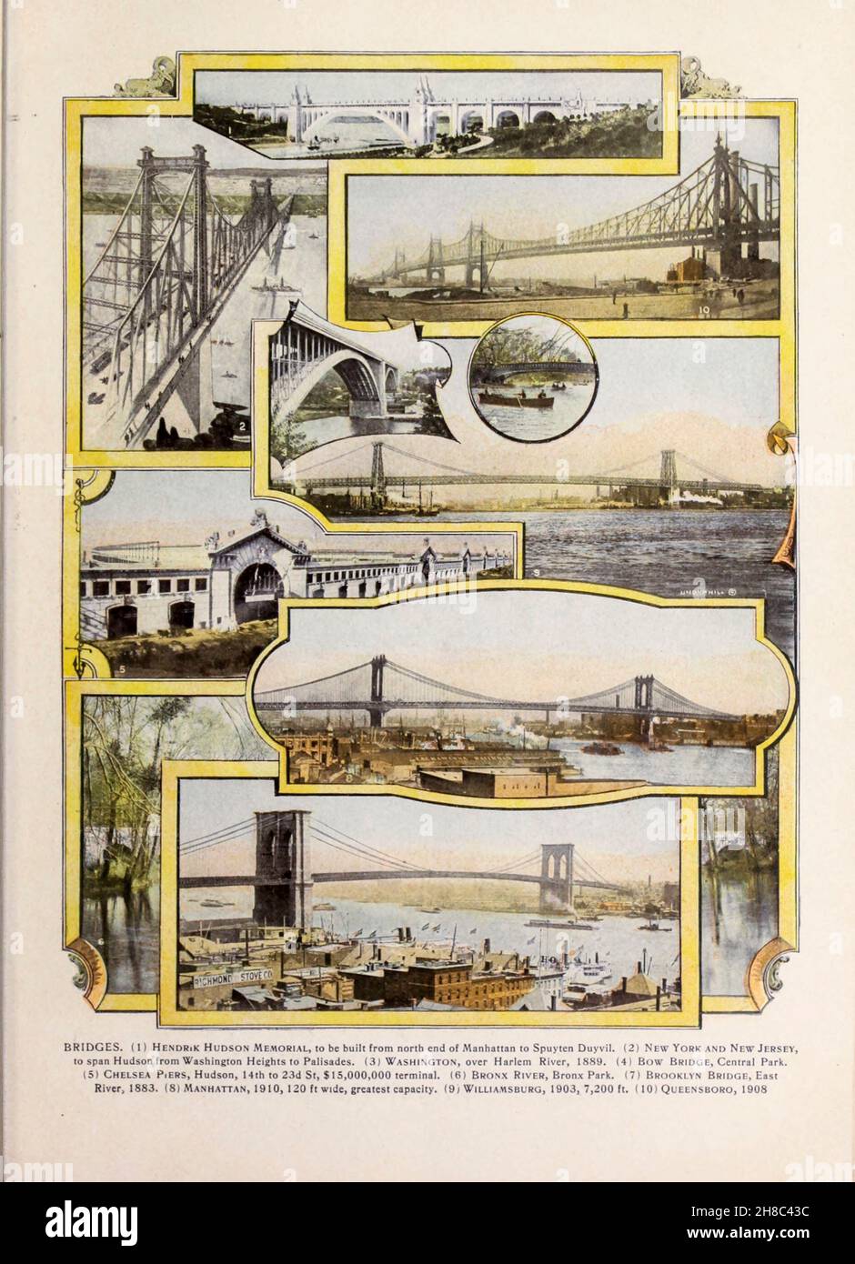 PONTI. (II Hendrik Hudson Memorial, da costruire dall'estremità nord di .Manhattan 10 Spuyten Duyvil. (21 New York e New Jersey, per estendere Hudson da Washington Heights a Palisades. ( 3 1 Washington, sopra il fiume Harlem, 1889. (4 1 Bow Bridge, Central Park. (5) Chelsea P.ers, Hudson, da Nth a 23d St, $15,000,000 terminal. 16) Bronx River, Bronx Park. (7) Ponte di Brooklyn, East River, 1883. (8) Manhattan, 120, 1910 piedi di larghezza, capacità massima. (9i Williamsburg, 1903, 7,200 piedi ( 10) Queensboro, 1908 dal libro " King's color-graps of New York City " pubblicato a New York da M. King, inc. Nel 1910 Foto Stock