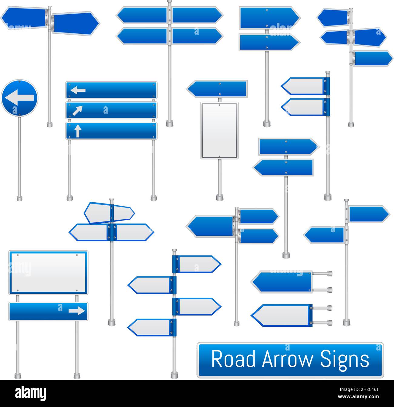 I cartelli stradali con freccia blu indicano la raccolta realistica dei cartelli stradali per la regolazione del traffico indicazione della direzione per i driver illustrazione vettoriale isolata Illustrazione Vettoriale
