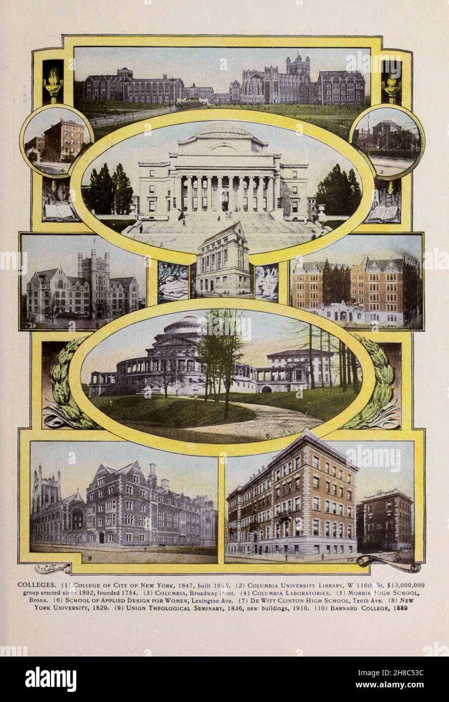 COLLEGE. (1) College of City di New York, 1847, costruito nel 1905. (2) Columbia University Library, W 116th St, $13,000,000 gruppo eretto dal 1892, fondato nel 1754. (3) Columbia, fronte Broadway. (4) Columbia Laboratories. (5) Scuola superiore Morris, Bronx. (6) School of Applied Design for Women, Lexington Ave. (7) De Witt Clinton High School, Tenth Ave. (8) New York University, 1829. (9) Union Theological Seminary, 1836, nuovi edifici, 1910. (10) Barnard College, 1889 dal libro " King's colour-graphs of New York City " pubblicato a New York da M. King, inc. Nel 1910 Foto Stock