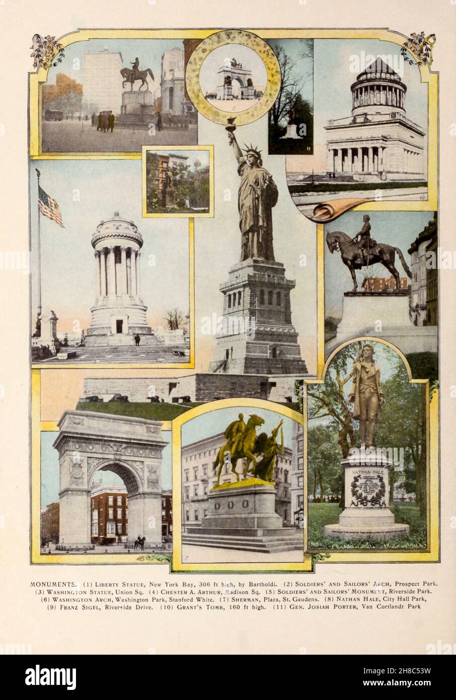 MONUMENTI. (1) Statua della libertà, New York Bay, alta 306 metri, di Bartholdi. (2) Arco dei soldati e dei marinai, Prospect Park. (3) Statua di Washington, Union Sq. (4) Chester A. Arthur, Madison Sq. (5) Monumento dei soldati e dei marinai, Riverside Park. (6) Washington Arch, Washington Park, Stanford White. (7) Sherman, Plaza, St. Gaudens. (8) Nathan Hale, City Hall Park, (9) FRANZ Sigel, Riverside Drive. (10) Tomba di Grant, alta 160 metri. (II) Gen. Josiah Porter, Van Cortlandt Park. Dal libro " King's colour-graphs of New York City " pubblicato a New York da M. King, inc. Nel 1910 Foto Stock
