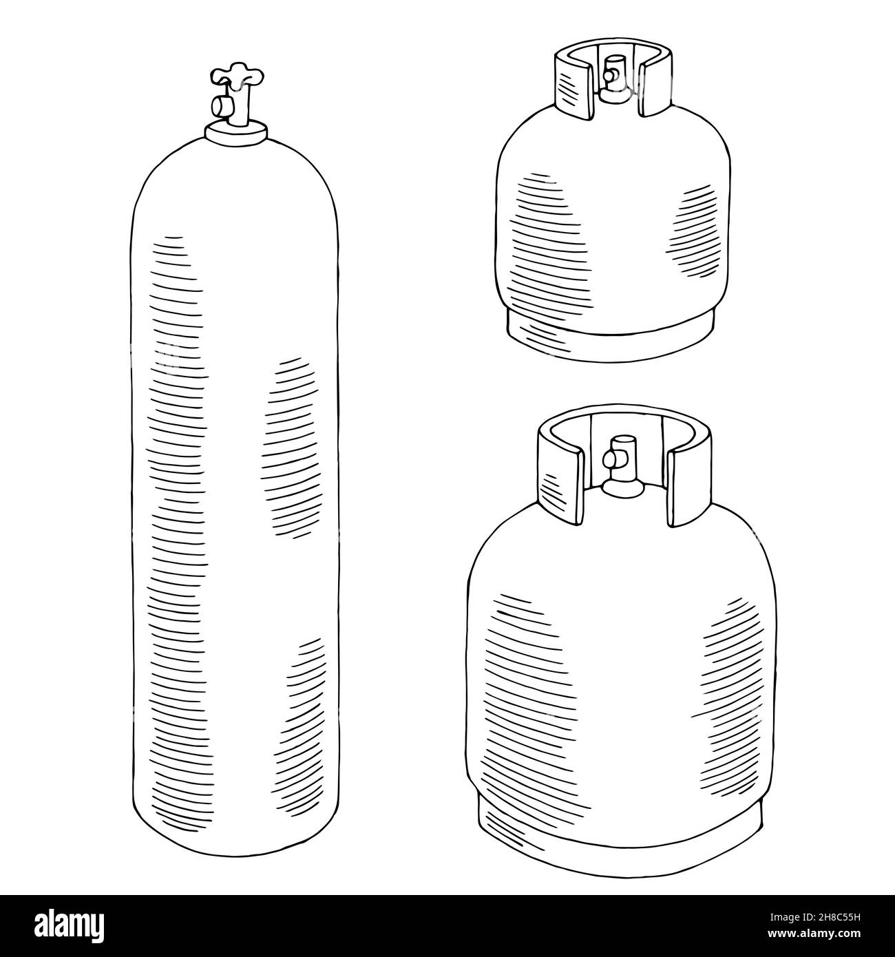 Set di bottiglie di gas grafico bianco nero disegno isolato vettore illustrazione Illustrazione Vettoriale