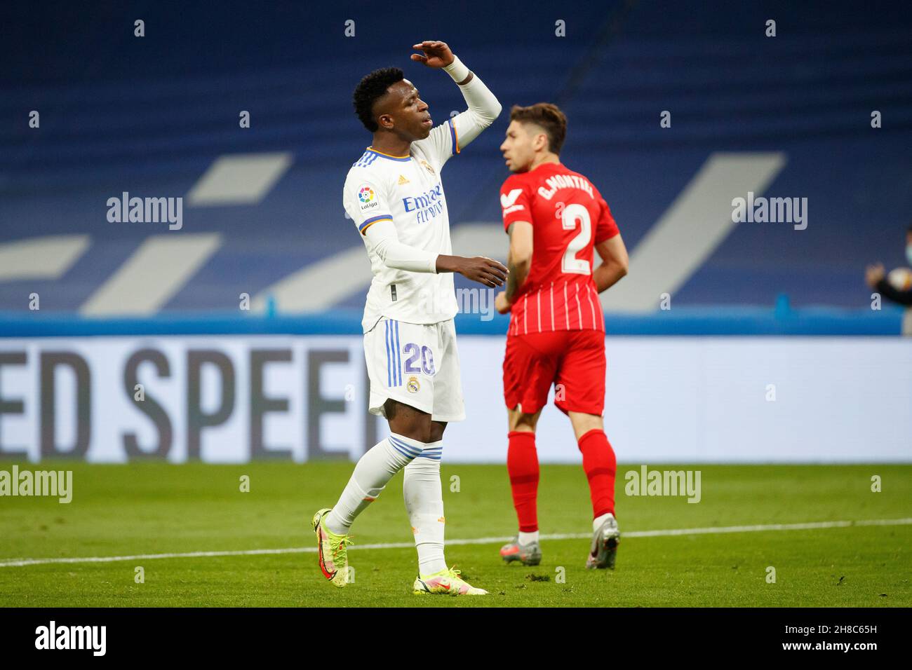 Vinicius Junior del Real Madrid durante la partita de la Liga Santader tra Real Madrid e Sevilla FC all'Estadio Santiago Bernabeu di Madrid, Spagna. Foto Stock