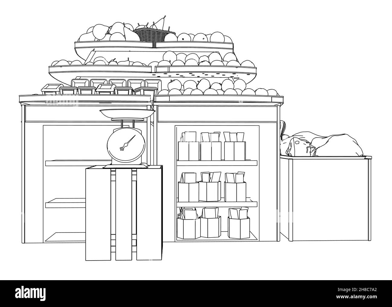 Contorno di un bancone con frutta e scaglie da linee nere isolate su sfondo bianco. Mele e pere. Illustrazione vettoriale. Illustrazione Vettoriale