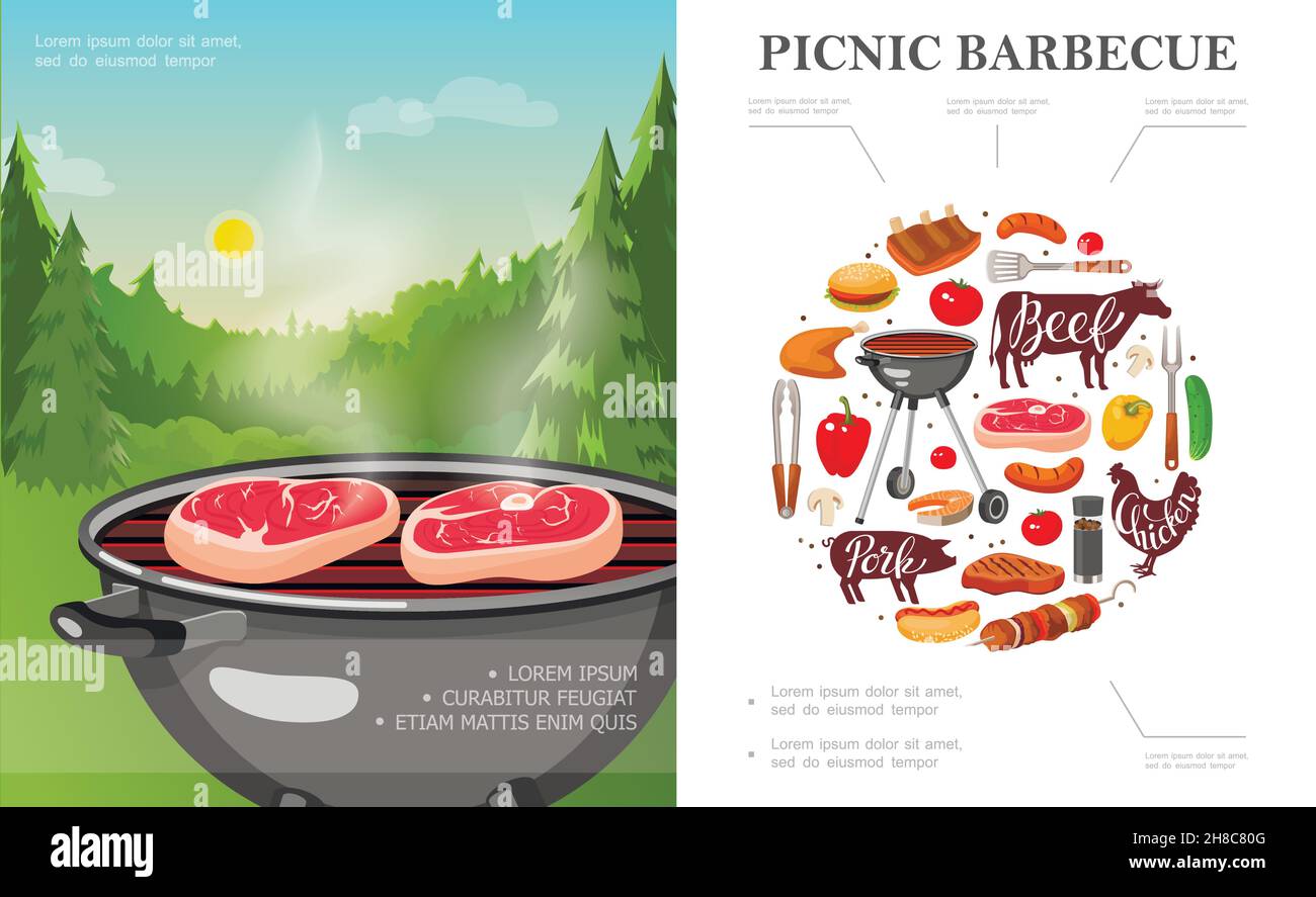 Concetto di picnic nel fine settimana piatto con griglia per barbecue sul paesaggio della foresta ortaggi utensili per barbecue salsicce di carne illustrazione vettoriale Illustrazione Vettoriale