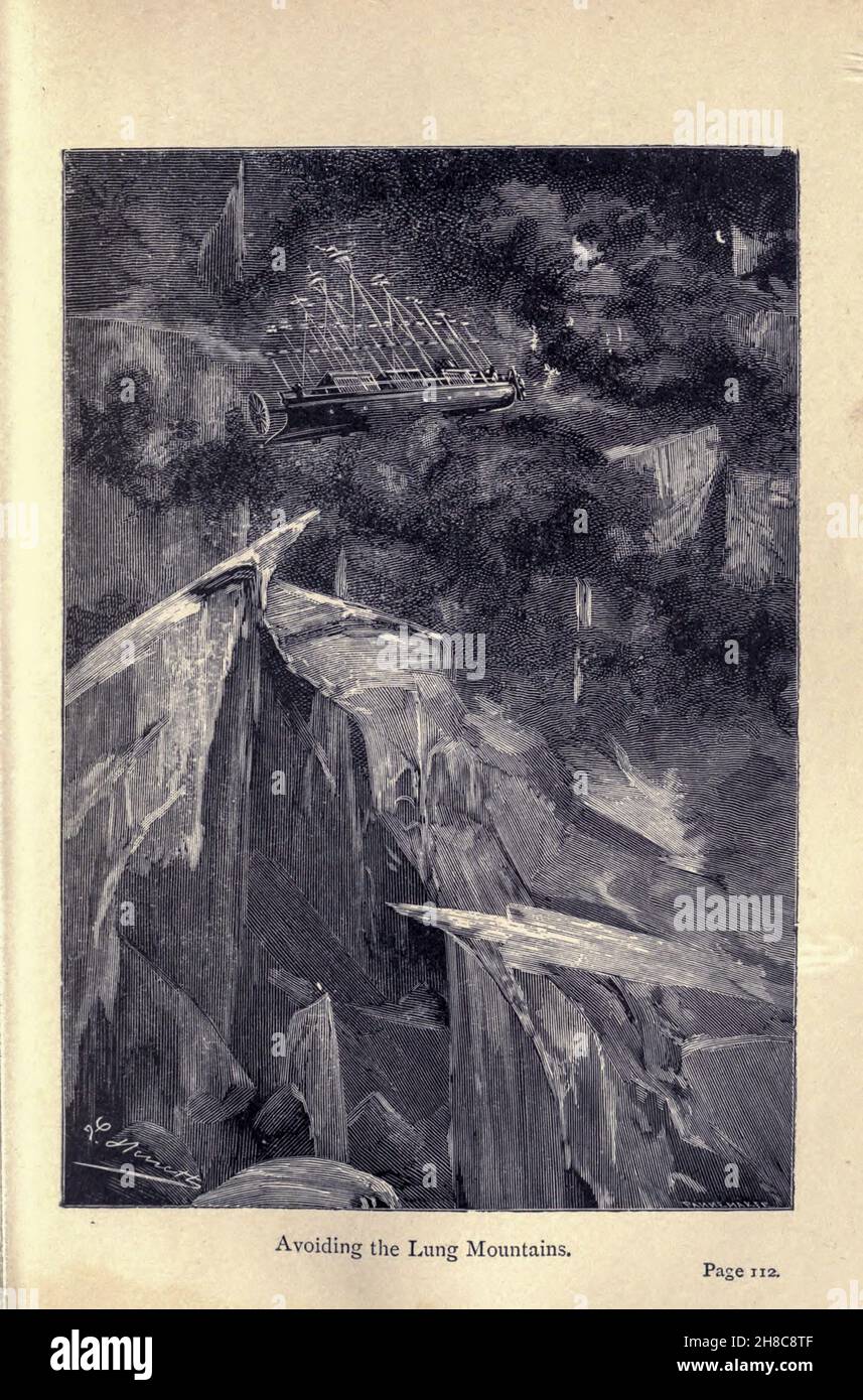 Evitare le montagne di Lung da Robur il Conqueror (in francese Robur-le-Conquérant) è un romanzo di fantascienza di Jules Verne, pubblicato nel 1886. È anche noto come Clipper delle nuvole. Ha un sequel, Maestro del mondo, che è stato pubblicato nel 1904. Foto Stock