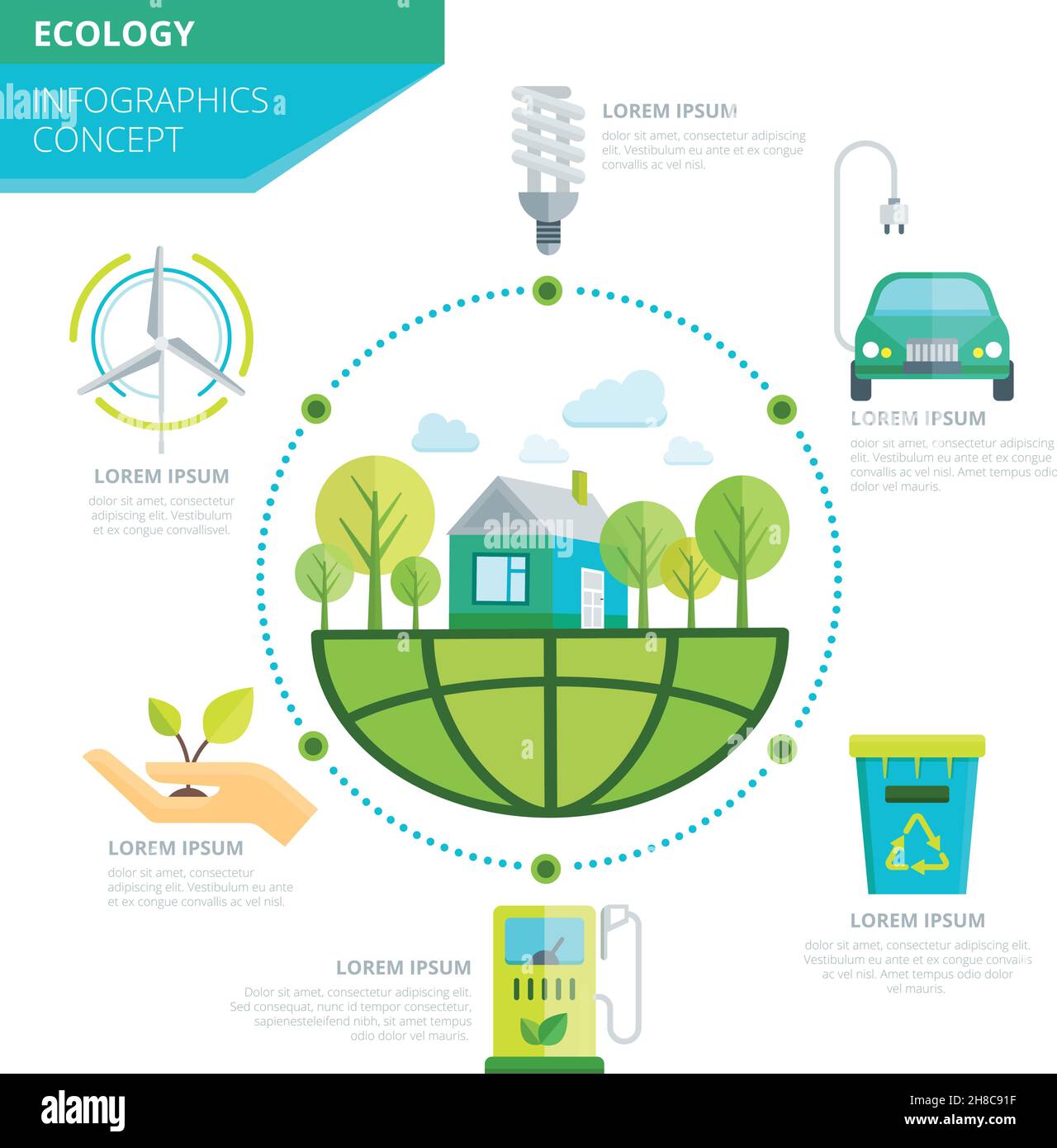 Infografiche di ecologia del pianeta con clima organico sulla terra nel centro segni di energia verde intorno all'illustrazione vettoriale Illustrazione Vettoriale