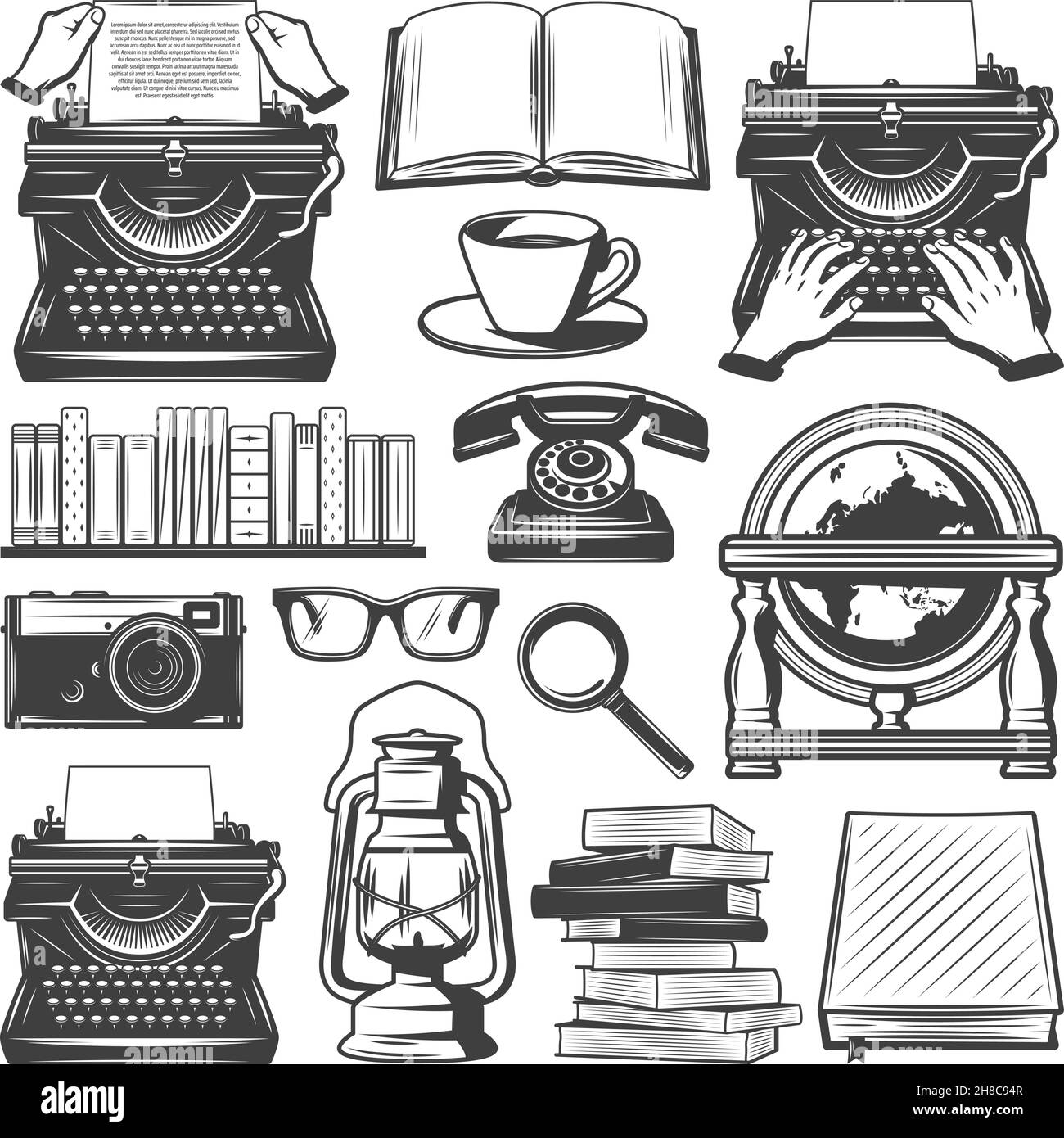 Set di elementi da scrittore vintage con lente d'ingrandimento per occhiali da caffè con libri da macchina da scrivere olio lampada notebook fotocamera retro globo telefono isolato vettore illustrat Illustrazione Vettoriale