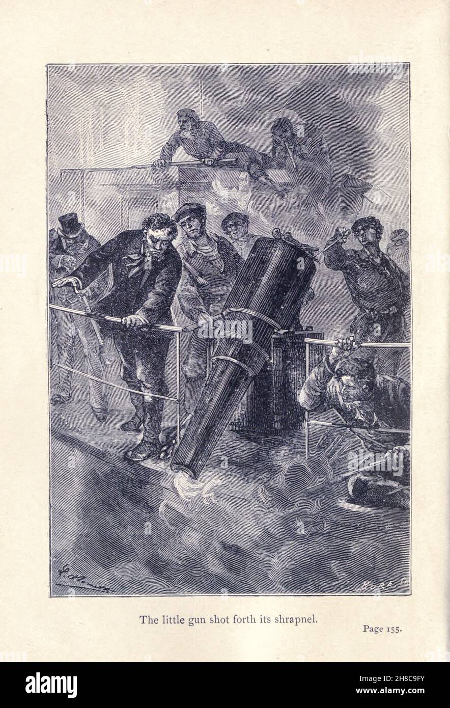 La piccola pistola sparò il suo shrapnel da Robur il Conqueror (in francese: Robur-le-Conquérant) è un romanzo di fantascienza di Jules Verne, pubblicato nel 1886. È anche noto come Clipper delle nuvole. Ha un sequel, Maestro del mondo, che è stato pubblicato nel 1904. Foto Stock
